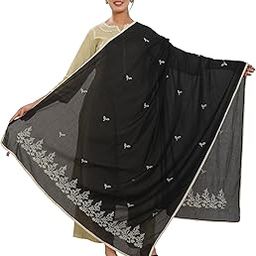 Cotton Dupatta with Floral Embroidery, Black with Lace-22