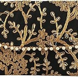 Elegant Floral Embroidered Moti Clutch Purse, Gold Thread and Pearl Trim, Evening Envelope Bag-image-9