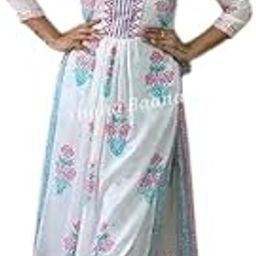 Urban Grace Women Rayon Anarkali Kurti Printed Long Gown with Pyjama Set Wedding Festive Party Dress (IN, Alpha, M, Regular, Standard, White Blue)-image-9