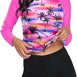 Women Pink Rash Guard Long Sleeve Swimsuits UV UPF 50+ Swim Shirt Bathing Suit with Built in Bra L-image-33