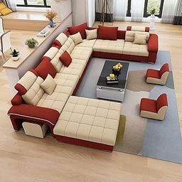 FURNART Modern U-Shaped Sectional Sofa Set with Storage | 9 Seater Sofa Couch with Puffy Stools | Wooden Frame | Premium Fabric | for Living Room & Guest Hall (Red & Beige)-picture-9