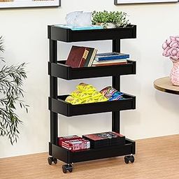 Kuber Industries 4-Layer Plastic Stackable Rack for Storage Multipurpose with Wheels | Moveable Basket & Book Shelf for Kids Room | Portable Side Rack for Living Room, Study Room & Office | Black-image-34