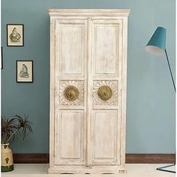 Wooden Wardrobe for Clothes | Solid Wood 2 Door Almirah for Living Room, Bedroom| Elegant Design with Multiple Hanging and Storage | Ideal for Bedroom Organization Distress White-picture-9