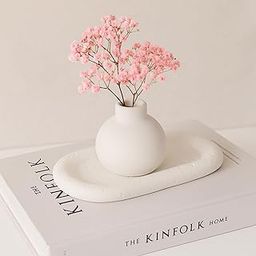 THE GREY BLEND® Concrete White Vase Set with Moon Textured Oval Tray - Minimalist Decorative Small Round Vase for Home Table, Shelf & Office Decor - Modern Nordic Style Flower Pot-image-29