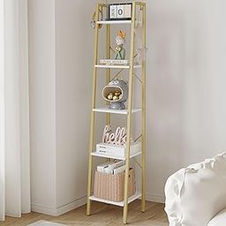 Hzuaneri 5-Tier Ladder Shelf, Narrow Bookshelf, Corner Storage Shelves, Freestanding Bookcase with 2 Hooks for Home Office, Living Room, Kitchen, Bedroom, Industrial, White Gold BC03213G-picture-9