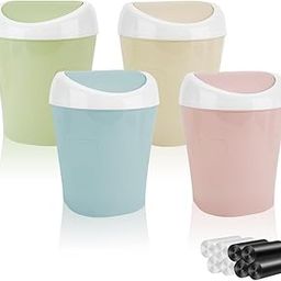 QLFJ-FurDec 4 Pcs Plastic Mini Wastebasket Trash Can with 8 Rolls of Trash Bags, Stylish Countertop Waste Garbage Bin with Swing Lid for Home Office Kitchen Vanity Tabletop (Pink, Blue, Green, Beige)-12