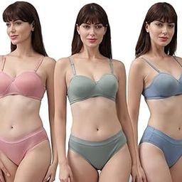 Ntire mart Women's Cotton Half Padded Non-Wired Bra and Panty Set, Pack of 3, Pink Blue Green (1, 40)-picture-29