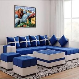 Shree Shanwariya Arts Dalton L Shape 8 Seater Sectional Fabric Sofa with Center Table Puffy Right Side-Blue | L Shaped Corner Sofa with Center Table and Puff for Living Room-image-83