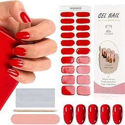 RED SQUARE 20PCS Semi Cured Gel Nail Polish Strips, Red Adhesive Full Wrap Gel Nail Art Sticker, Waterproof Gel Nail Wrap Stickers with Nail File and Sticker UV/LED Lamp-3