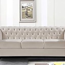 Container Furniture Direct Feinstein Modern Velvet Chesterfield Couches for Living Room with Nailheads, Diamond Tufting & Durable Metal Frame, Sofa, Chair, White Ivory-image-81