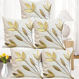 Urvaan White Golden Floral Silk Cushion Covers, 16 x 16 Inch, Set of 5-24