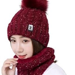 Winter Scarf Cap Thickened Winter Hairball Women Hat Warm Beanie Knitted Pompom Cap with Scarf for Girls Mehroon Color-image-61