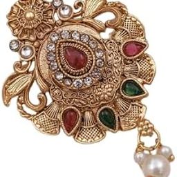 Matte Gold Saree Pin for Women & Girls Red Center Stone with Clear, Green & Red Accents Dangling Pearl Bead Traditional Ethnic Brooch for Saree Pleats & Drape-37