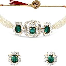 Green Statement Stones Embellished Multistrand Beaded Choker Necklace & Earring Set For Women-ZPFK17202-1