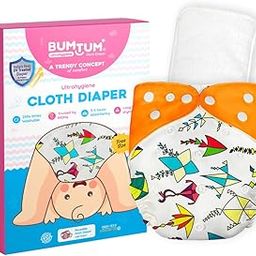 Bumtum Cloth Diapers for Babies 0 to 3 Years | Pack of 1 with Inserts | Reusable Diaper for New Born Baby, Cloth Diapers, 5hrs Absorbency, Freesize, Washable, Cotton, Extra Soft (White Orange Kite)-0