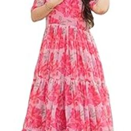 Desirable Women’s Fully Flared Gown – Faux Georgette with Print, Fancy V Neck, Half Sleeves – Available in Peach, Purple, Sky | Code: LW-9228-18