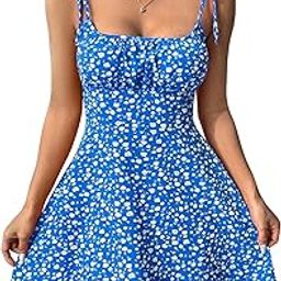 Summer Vacation Style Floral Print Spaghetti Strap with Shoulder Ties Mini DressFor Women's & Girl's-image-55