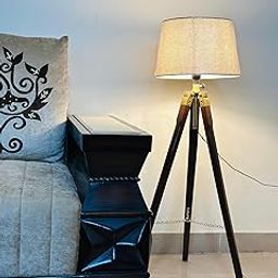 Tripod Floor Lamp, Wooden Legs with Brass Hardware, Burlap Shade, Mid-Century Modern Design-7