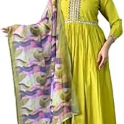 Women's Lemon Anarkali Dress with Embellished Neckline, Floral Print Dupatta, 3/4 Sleeves-image-20