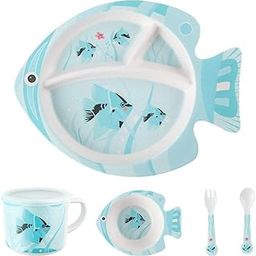 SAMVARDHAN Kids Dining Set, 5-Piece Fish-Shaped Melamine Dinnerware, Blue and White, with Plate, Bowl, Cup, Fork and Spoon Eco Friendly Bamboo Fibre Dinner Set for Toddlers, Kids (Fish)-image-33