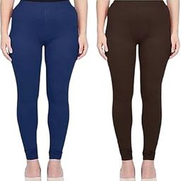 Women Mid Rise Cotton Churidar Full Length Leggings Set of 2 Color-Blue+ Dark Brown-image-3