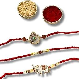 Minimalist & Traditional (Golden platted Paan shape + Elephant Pendant + Small Rudraksh) Rakhi + Roli Chawal & Greeting Card |Premium Rakhi for Brother | Gift | 3 Pcs-image-96