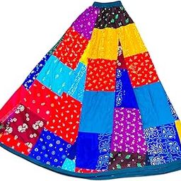 Patchwork Cotton Long Skirt, Multicolour Floral Print, Elastic Waist, Bohemian Style-picture-21