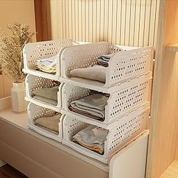 amazon basics Clothes Organizer for Wardrobe | Foldable & Stackable Closet Organizer, 6 Pieces, White-16