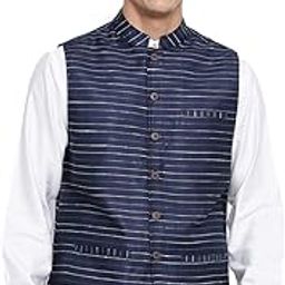 fabindia Men Viscose Blend Striped Nehru Jacket Navy-picture-38