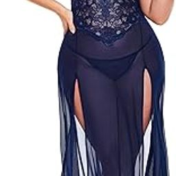 Plus Size Lingerie Babydoll Sexy Mesh Maxi Nightdress Strappy Women Lingerie Lace Bodysuit Mosaic Lace Sleepwear Babydoll Lingerie-image-28