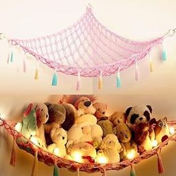 Macrame Toy Hammock with Pastel Tassels | Hanging Plush Storage with Fairy Lights-image-98
