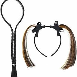 (Set Of 2) Artificial Hair Choti Braided Hair Extensions Headband Band For Kids Girls, Birthday, Fancy Dress Party, Return Gift Items,Multi-20