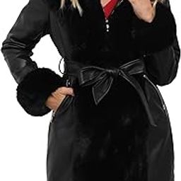 Women's Faux Leather Fleece Lined Coat Winter Hooded Zip-up Parka with Belt-image-37