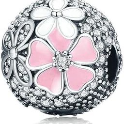 (Pink Cherry Blossom Charms) - Pink Cherry Blossom CZ Clip 925 Sterling Silver Bead Love Heart Charm Clip Charm Lock Stopper Charm Spacer Charm for Pandora Charms Bracelet (Pink Cherry Blossom Charms)-20