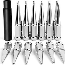 M14x1.5 Spike Lug Nuts for Chevy Silverado 1500 F-150 Ram 1500,24PCS 4.4" Tall Conical Bulge Seat 14mmx1.5 Solid Chrome Spiked Lug Nuts with 1 Socket Key Wheel Accessories for Sierra 1500 Expedition-image-45