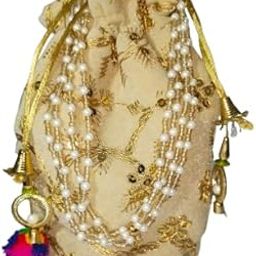 Decorative PotliBag with Pearl Beads, Golden Embroidery, Colorful Tassels, Traditional Wedding Gift Purse-image-94