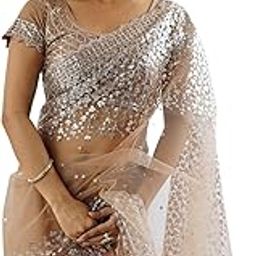 satrani Women's Net Scalloped Border Sequin Embroidery Saree with Unstitched Blouse Piece-picture-9