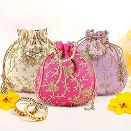 Kuber Industries Pack of 3 Potli Bags for Ladies & Girls | Shagun Pouches for Festive Seasons | Embroidery Bridal Purse -Cream, Light Pink & Pink-image-87