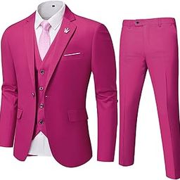 Men's 3 Piece Slim Fit Suit Set, One Button Solid Jacket Vest Pants with Tie Fuchsia-picture-14