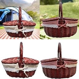 Picnic Basket Rural Sturdy Park Hiking Camping Outdoor Wicker Storage Hamper 40x30x20cm Brown Cloth-13
