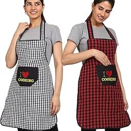 JMI Cotton Checkered Design Waterproof Apron with Multipurpose Front Large Embroidered Pocket Pack of 2 (Black & RED)-image-55