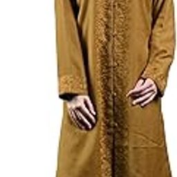 Women's Olive Brown Pure Wool Long Jacket/Coat from Kashmir with Paisleys Aari Hand Embroidery on Border, Olive, X-Large-XX-Large-picture-48