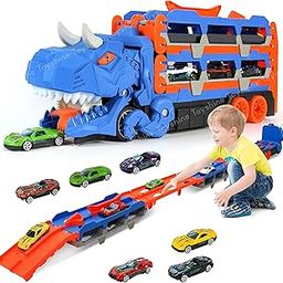 Toyshine Big Hauler Storage & Deform Dinosaur Transport Truck Toy with 2 Foldable Ejection Race Track & 6 Pc Die cast Cars for Kids Boys Girls 3+ Years - Blue-picture-23