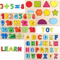 Vrakshaya Wooden Puzzles for Toddlers, Wooden Alphabet Number Shape Puzzles Toddler Learning Puzzle Toys for Kids, 3 in 1 Puzzle for Toddlers, Age 3+ (Set of 3)-image-95