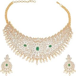 Fashion Jewellery Green Rodium-Gold Polished Zircon Necklace Set With Hanging Earrings & Adjustable Chain | Best For Gifting & Special Occasion | Jewellery Set For women - 427682-image-81