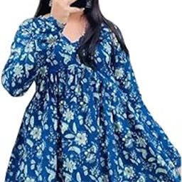 Floral Print Short Kurti for Womens, V-Neck, 3/4 Sleeve, Blue Tops, Flowy Style-picture-43