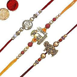 rakhi set 1 pact of 3, Golden round Om, shivling, Radha Krishna,Designer Religious Rakhis,Roli Chawal Pack - Rakhi for Brother, Bhaiya, Bhai-2
