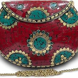 अyashilp Silver Shell Nacre Stone Bag - Ethnic Clutch with Antique Purse Design and Mosaic Metal Purse for Girls/Women-image-50