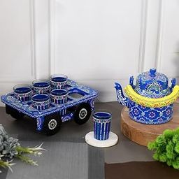 Buystora Handpainted Alluminium Tea Kettle with Four Glasses and Wooden Tray for Home Dcor Tea Party Serving -09-image-28