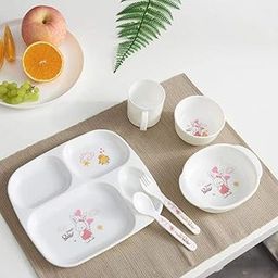 RUSEELA Children, Toddler, Baby, Kids Square Shape Dinnerware Set 6 in 1 Feeding Tray with Bowl, Plates, Cup, Spoon & Fork (1Set)-image-10